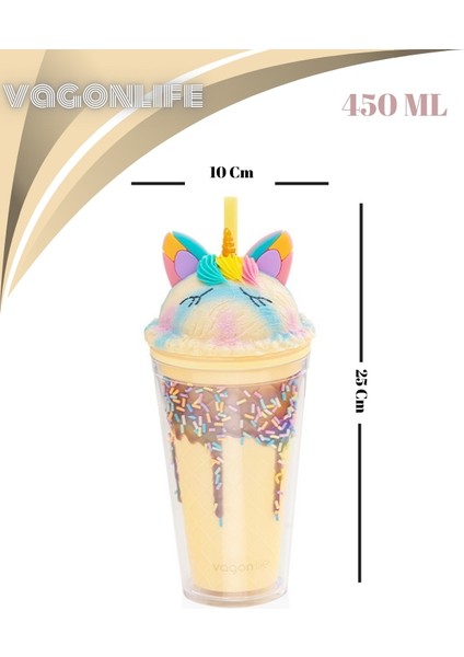 Çift Duvarlı Tumbler Pipetli Ice Cream Unicorn Pipetli Milkshake Bardağı 450 ml modelleri