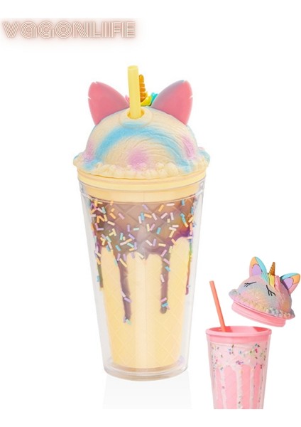 Çift Duvarlı Tumbler Pipetli Ice Cream Unicorn Pipetli Milkshake Bardağı 450 ml fırsatları
