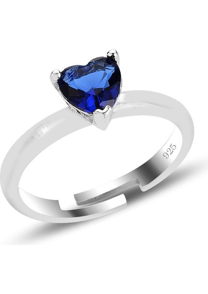 Gümüş Rodyumlu Safir Taşlı Brilliant Ayarlamalı Kalp Yüzük SGTL12526LACIVERT