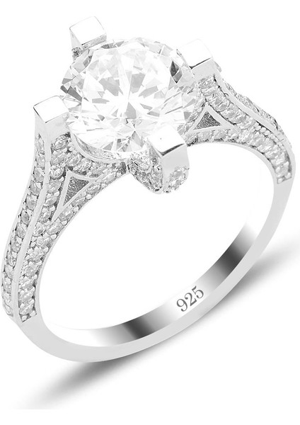 Gümüş Rodyumlu Star Kesim Zirkon Taşlı Kraliçe Yüzük