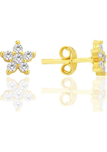 Gümüş Altın Yaldızlı Zirkon Taşlı Çiçek Küpe SGTL12550GOLD