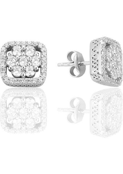 Gümüş Rodyumlu Zirkon Taşlı Pırlanta Montür Tasarım Kare Küpe SGTL12571RODAJ