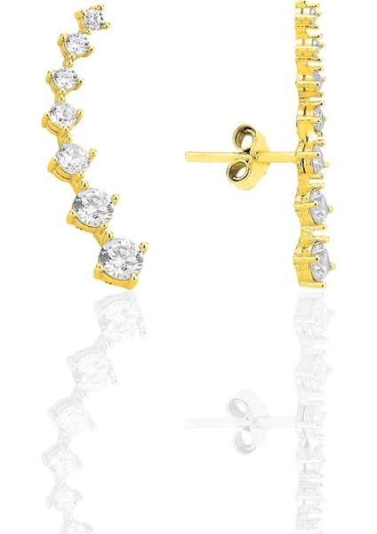 Gümüş Altın Yaldızlı Zirkon Yedi Taşlı Pırıltı Küpe SGTL12575GOLD
