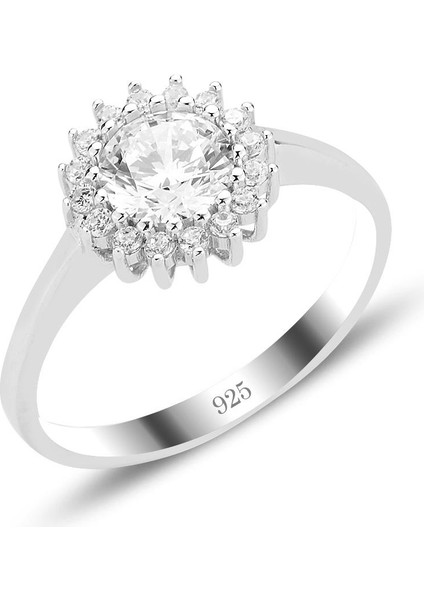 Gümüş Rodyumlu Pırlanta Montürlü Zirkon Taşlı Ay Işığı Yüzük