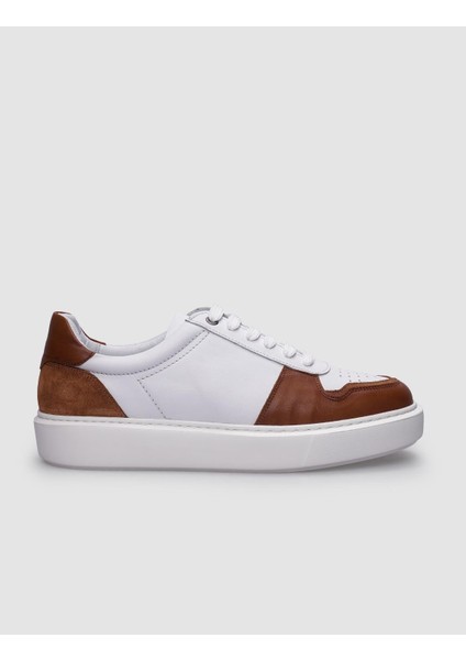 Deri Beyaz - Taba Bağcıklı Erkek Sneaker