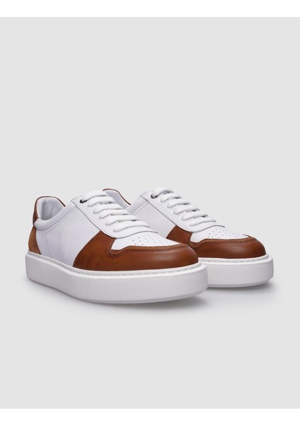 Deri Beyaz - Taba Bağcıklı Erkek Sneaker