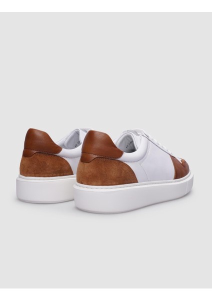 Deri Beyaz - Taba Bağcıklı Erkek Sneaker