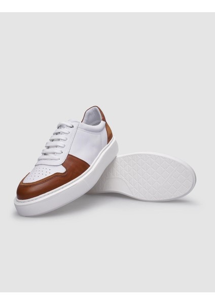 Deri Beyaz - Taba Bağcıklı Erkek Sneaker