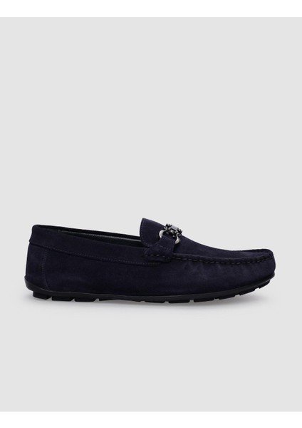 Deri Lacivert Süet Tokalı Erkek Loafer