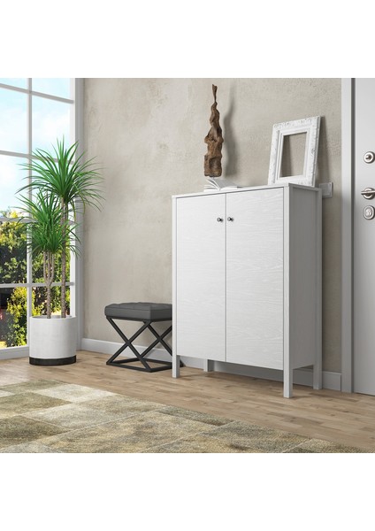 Sakura Artemis 2 Kapaklı Raflı Ayakkabılık-Wood Beyaz-Minifiks Bağlantılı