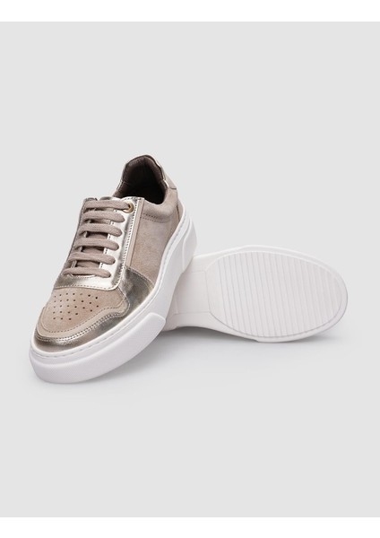 Deri Bej Bağcıklı Kadın Sneaker