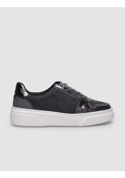 Deri Gri Bağcıklı Kadın Sneaker