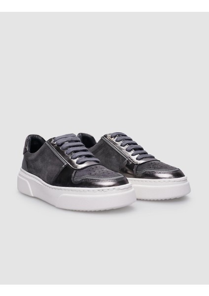 Deri Gri Bağcıklı Kadın Sneaker