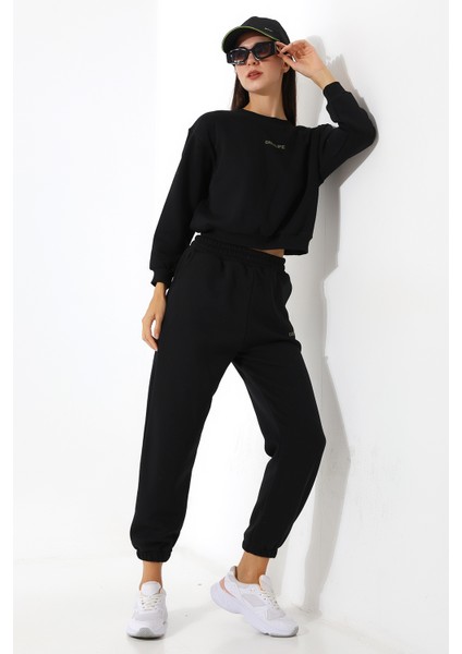 Enjeksiyon Baskılı Şardonlu Eşofman Takımı 21698 Siyah modelleri