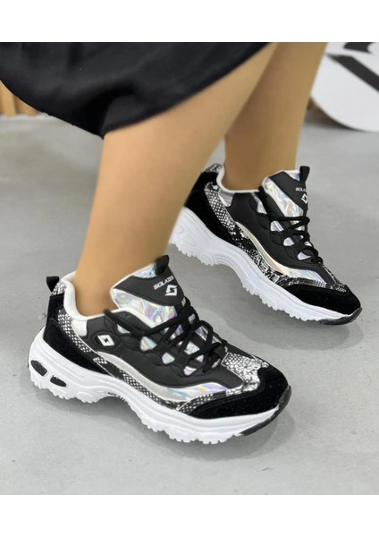 Kadın Bağcıklı Triko Spor Ayakkabı-Siyah-Gri