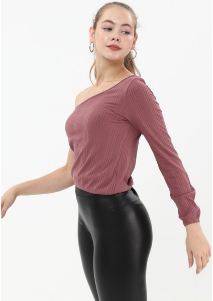 Bordo Tek Kol Bel Lastikli Crop T-Shırt fiyatları