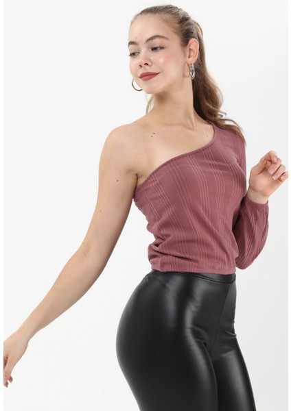 Bordo Tek Kol Bel Lastikli Crop T-Shırt modelleri