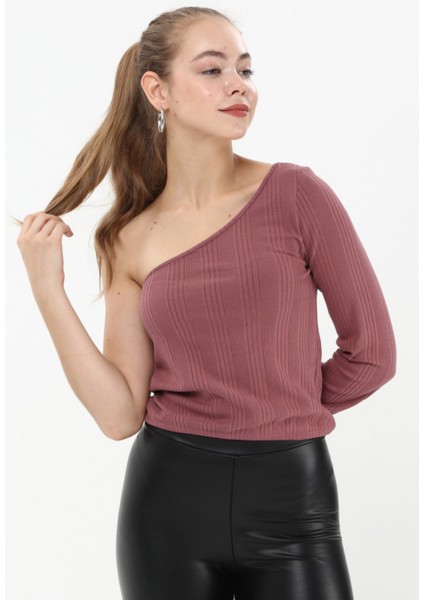 Bordo Tek Kol Bel Lastikli Crop T-Shırt indirimleri