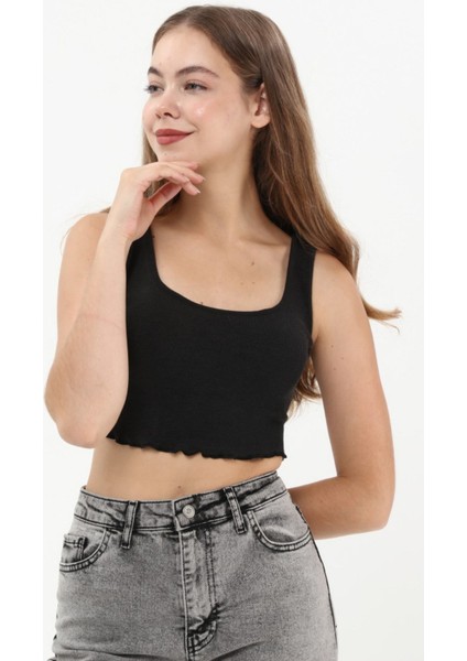 Siyah Askılı Crop Top Bluz