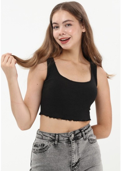 Siyah Askılı Crop Top Bluz