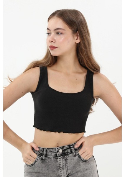 Siyah Askılı Crop Top Bluz