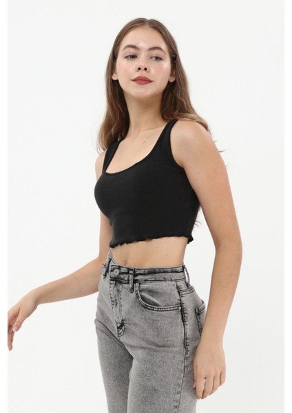 Siyah Askılı Crop Top Bluz