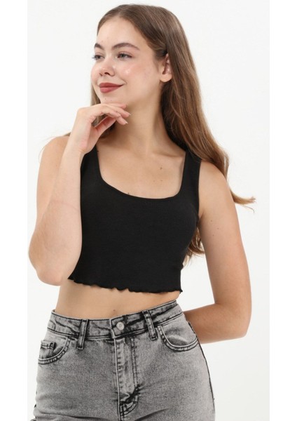 Siyah Askılı Crop Top Bluz
