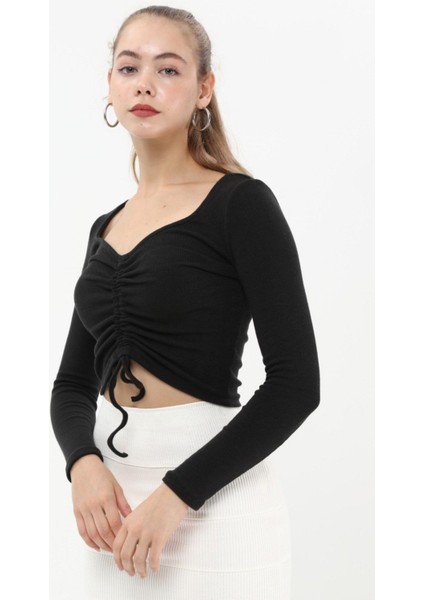 Siyah Uzun Kol Önden Büzgülü Crop Bluz fiyatları