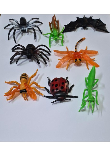 Böcek Serisi Çekirge, Arı, Yarasa, Örümcek, Uğur Böceği, Peygamberdevesi, Tarantula Oyuncak Hayvan 8 Büyük Parça