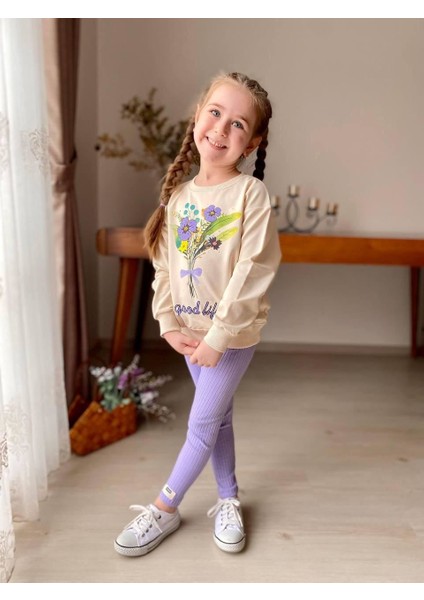 Good Life Çiçek Baskılı Fitilli Kız çocuk takım - Lila