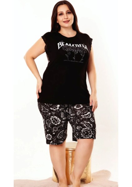 Siyah Beyaz Çiçekli 2XL-3XL-4XL Beden Kolsuz Şortlu Takım fiyatları
