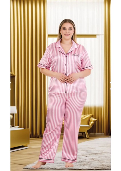 Pembe Beyaz Çizgili 2XL-3XL-4XL Beden Pijama Takımı