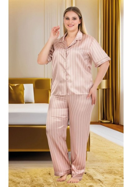 Sütlü Kahve Çizgili 2XL-3XL-4XL Beden Pijama Takımı