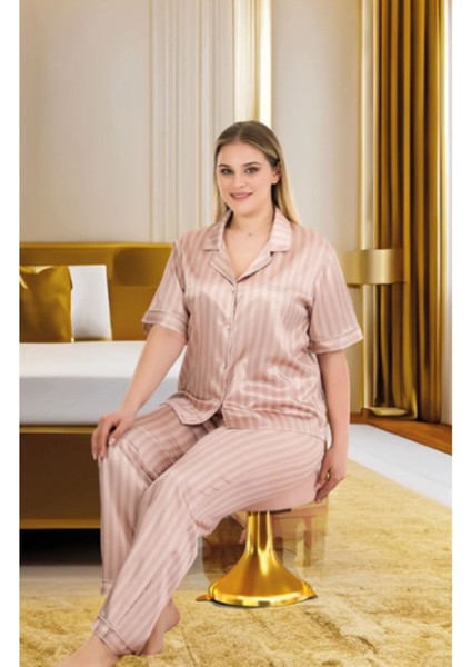 Sütlü Kahve Çizgili 2XL-3XL-4XL Beden Pijama Takımı