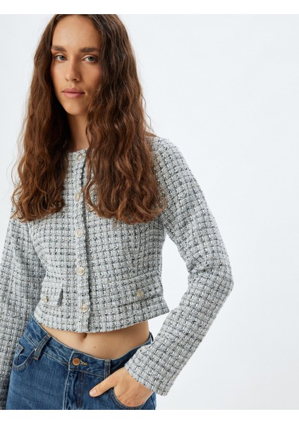 Crop Tüvit Ceket Yuvarlak Yaka Düğmeli Uzun Kollu Cepli