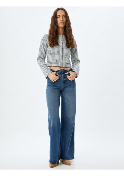 Crop Tüvit Ceket Yuvarlak Yaka Düğmeli Uzun Kollu Cepli fiyatları