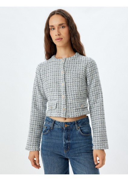 Crop Tüvit Ceket Yuvarlak Yaka Düğmeli Uzun Kollu Cepli modelleri