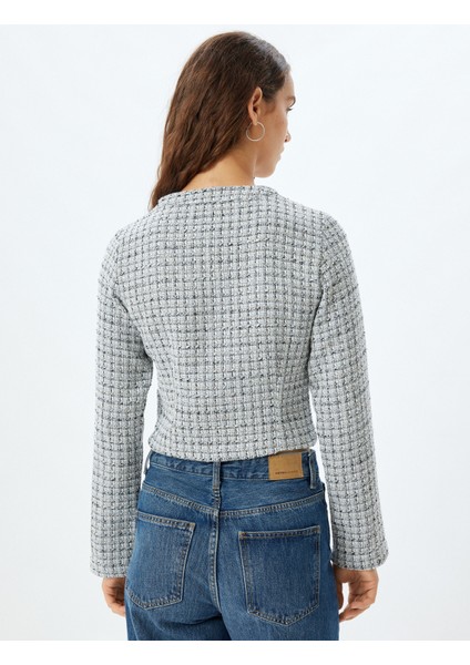 Crop Tüvit Ceket Yuvarlak Yaka Düğmeli Uzun Kollu Cepli fırsatları