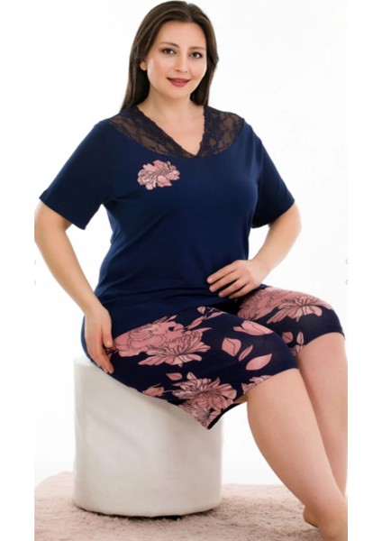 Lacivert Pembe Çiçekli Penye 2XL-3XL-4XL Beden Kısa Kollu Şortlu Takım fiyatları
