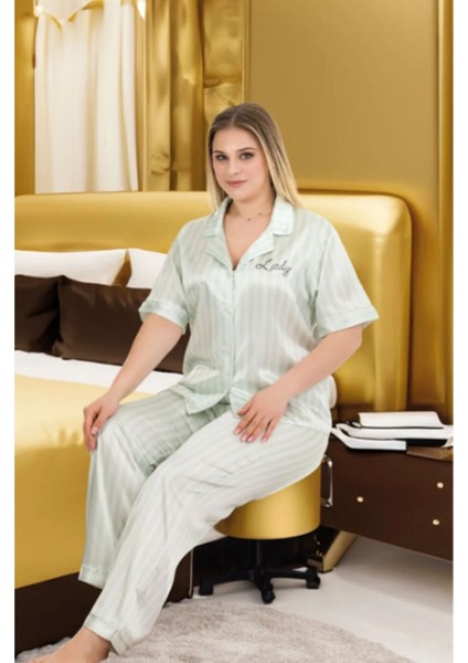 Su Yeşili Çizgili 2XL-3XL-4XL Beden Pijama Takımı fiyatları