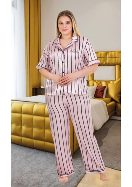 Pudra Pembe Üzeri Siyah Çizgili 2XL-3XL-4XL Beden Pijama Takımı
