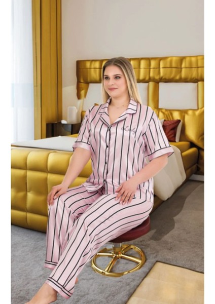 Pudra Pembe Üzeri Siyah Çizgili 2XL-3XL-4XL Beden Pijama Takımı