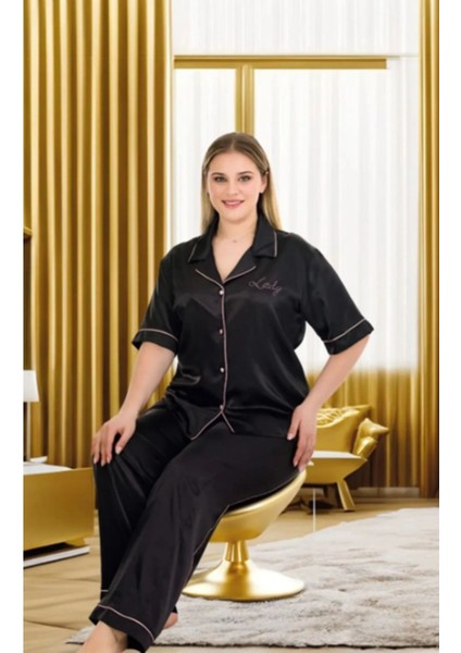 Siyah Düz Kısa Kollu 2XL-3XL-4XL Beden Pijama Takımı