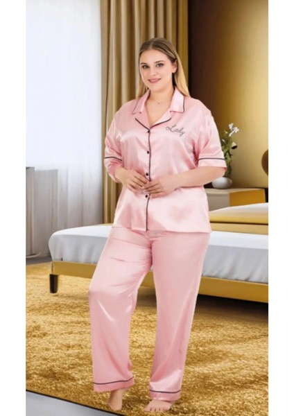 Pudra Pembe Düz Kısa Kollu 2XL-3XL-4XL Beden Pijama Takımı