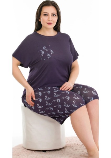 Koyu Mor Çiçekli 2XL-3XL-4XL Beden Kısa Kollu Şortlu Takım fiyatları