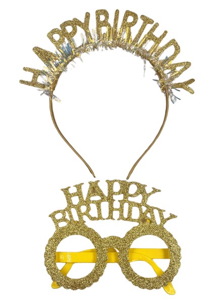 Plastik Happy Bırthday Simli Taç Gözlük Gold 2 Li Set