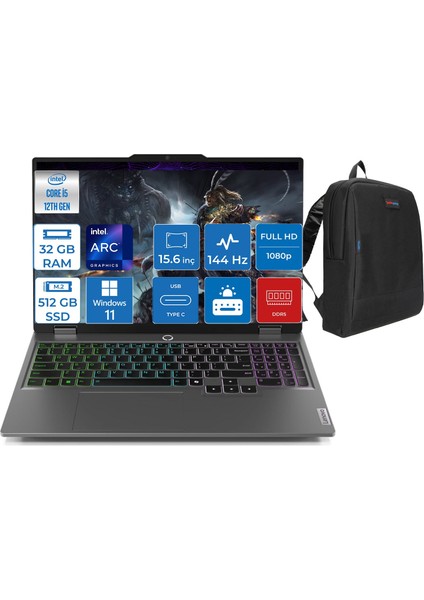 Loq 15IAX9I Intel Core I5 12450HX 32GB Ddr5 512GB SSD Intel® Arc™ A530M 4gb WINDOWS11HOME 15.6" IPS Fhd Taşınabilir Bilgisayar 883FQ000UTRWH13 + Zetta Çanta