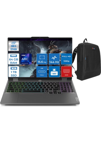 Loq 15IAX9I Intel Core I5 12450HX 64GB Ddr5 1tb SSD Intel® Arc™ A530M 4gb Freedos 15.6" IPS Fhd Taşınabilir Bilgisayar 883FQ000UTRF09 + Zetta Çanta