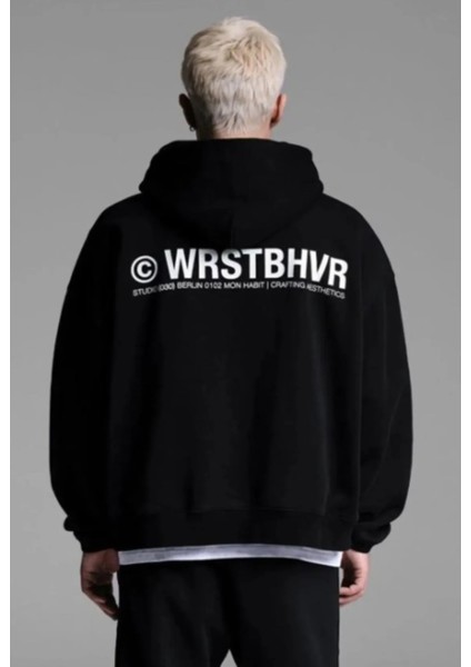 Büyük Beden Özel Tasarım Kapüşonlu Wrstbhvr Sırt Baskılı Oversize Battal Erkek Sweatshırt