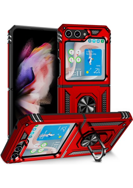 Samsung Galaxy Z Flip 5 Kickstand Zırhlı Manyetik Halkalı Telefon Kılıfı Sağlam Koruyucu Askeri Sınıf Darbeye Dayanıklı Kılıf (Yurt Dışından)